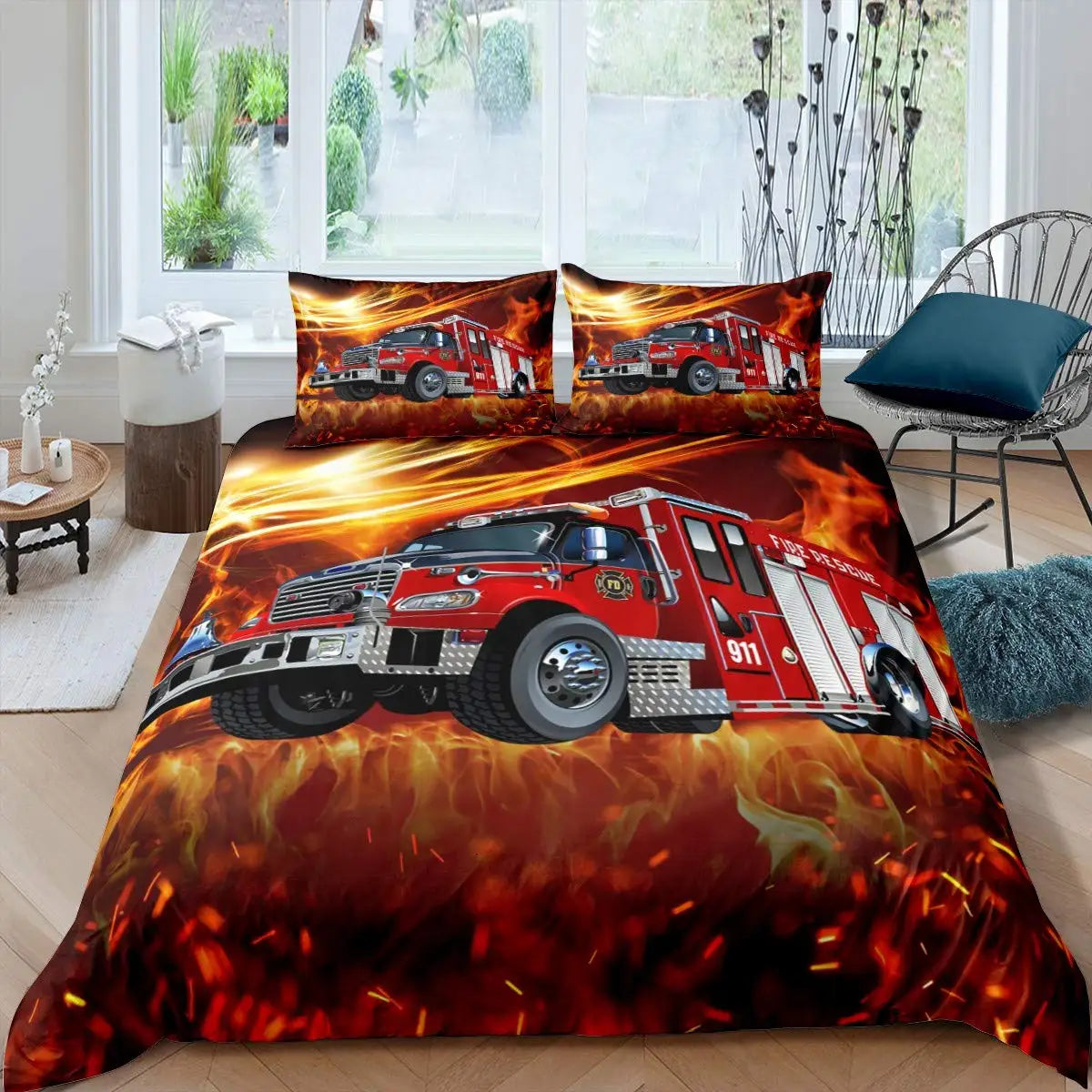 A bedding set featuring a graphic of a fire engine and firefighter in flames on an orange background.