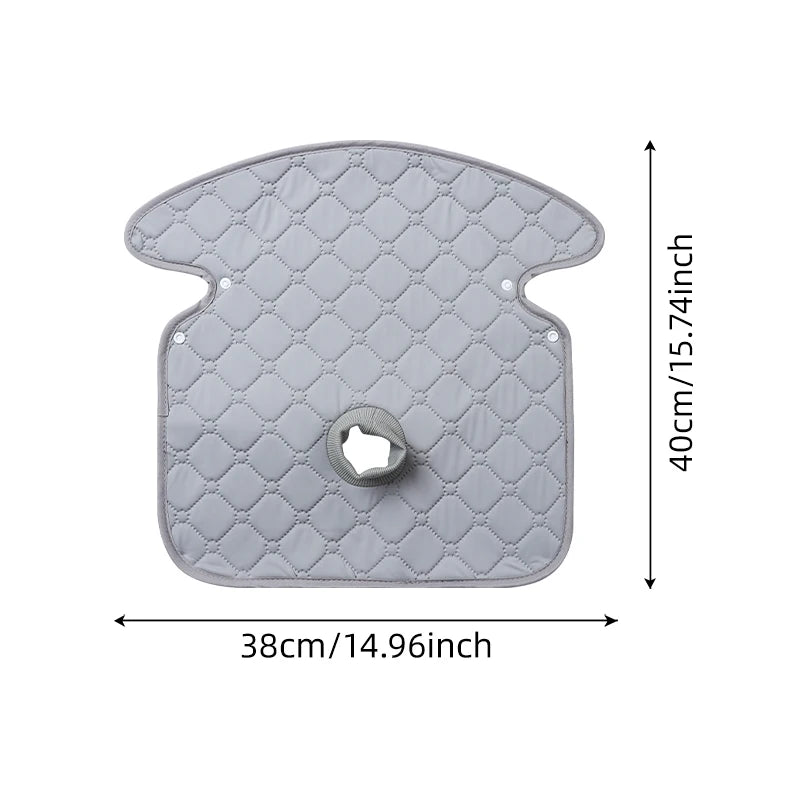 Gray quilted water-absorbent stroller and car seat protector cushion with dimensions 38cm by 40cm.