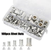 A clear plastic box containing various sizes of aluminum flat head rivet nuts, including M3 to M8, with individual counts lis