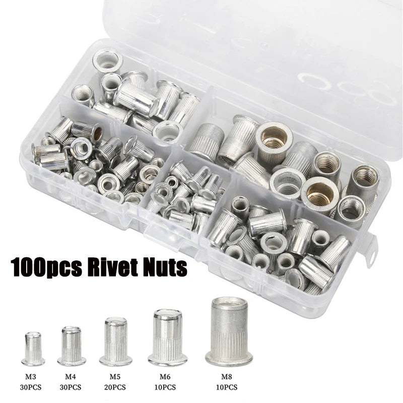 A clear plastic box containing various sizes of aluminum flat head rivet nuts, including M3 to M8, with individual counts lis