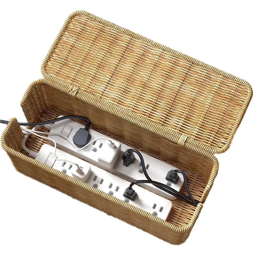 Handwoven Rattan Cable Management Box with Lid