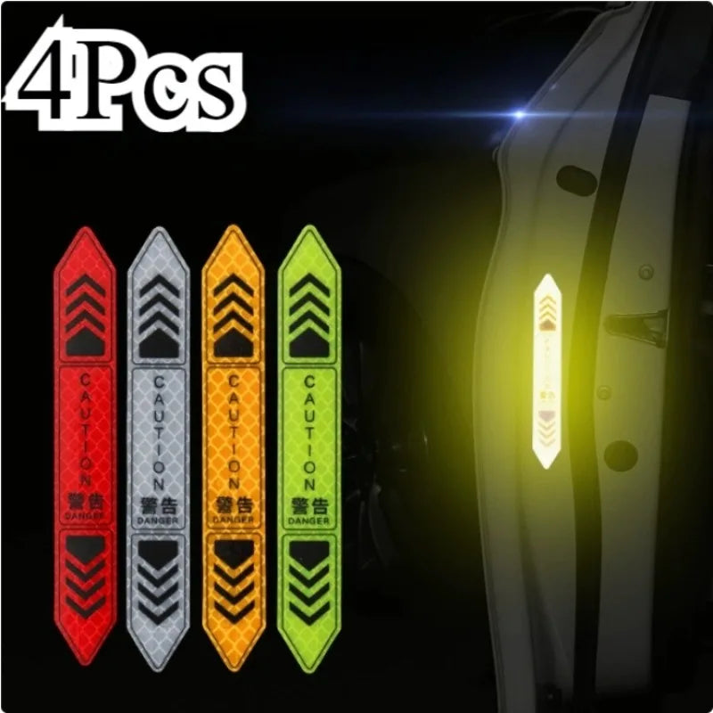 Four reflective warning stickers for car doors, featuring various chevron designs.