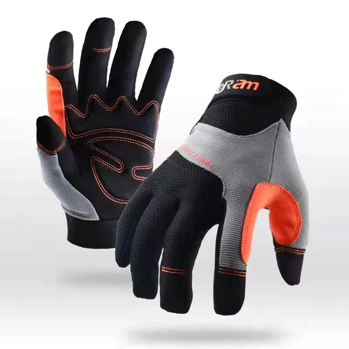 A pair of black and gray high dexterity work gloves with orange accents shown against a white background.