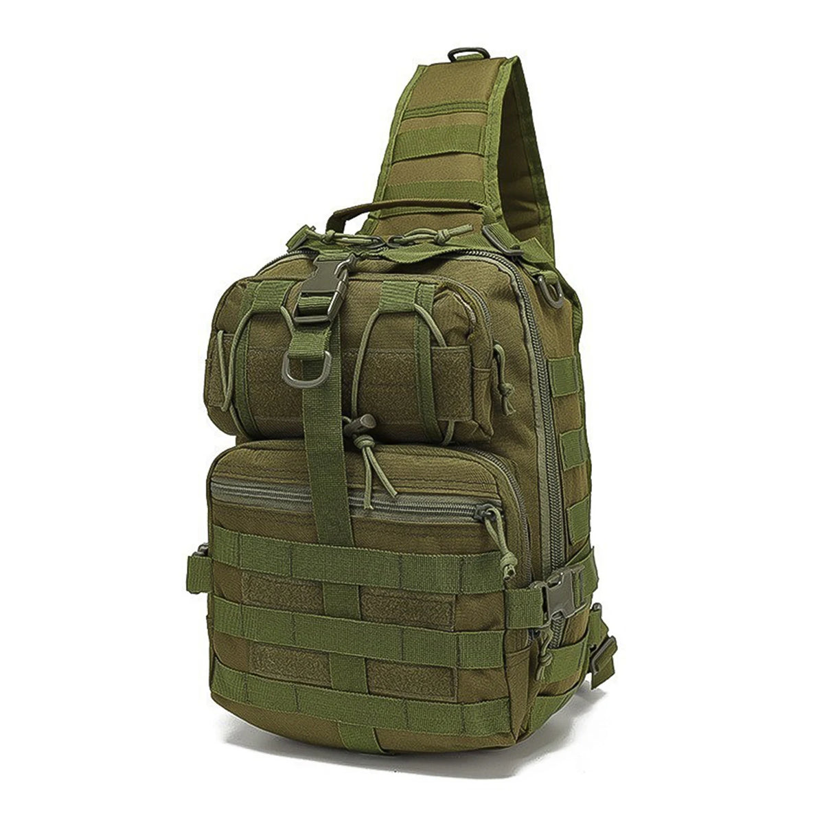 Olive green Crossbody Chest Bag with multiple zipper compartments and a MOLLE system