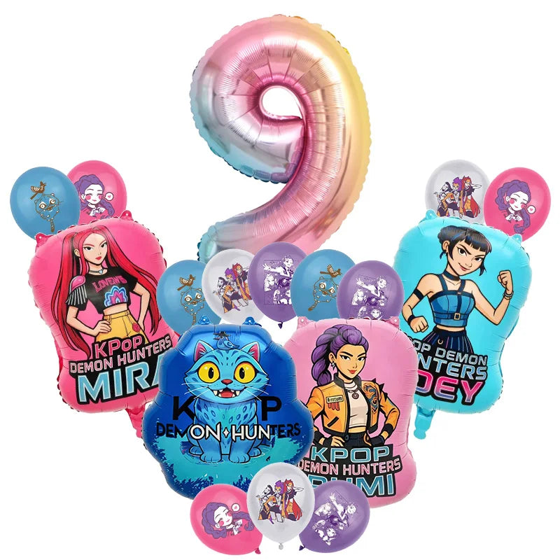 A collection of pink and blue balloons shaped like the number nine and various character-themed balloons for a music-themed b