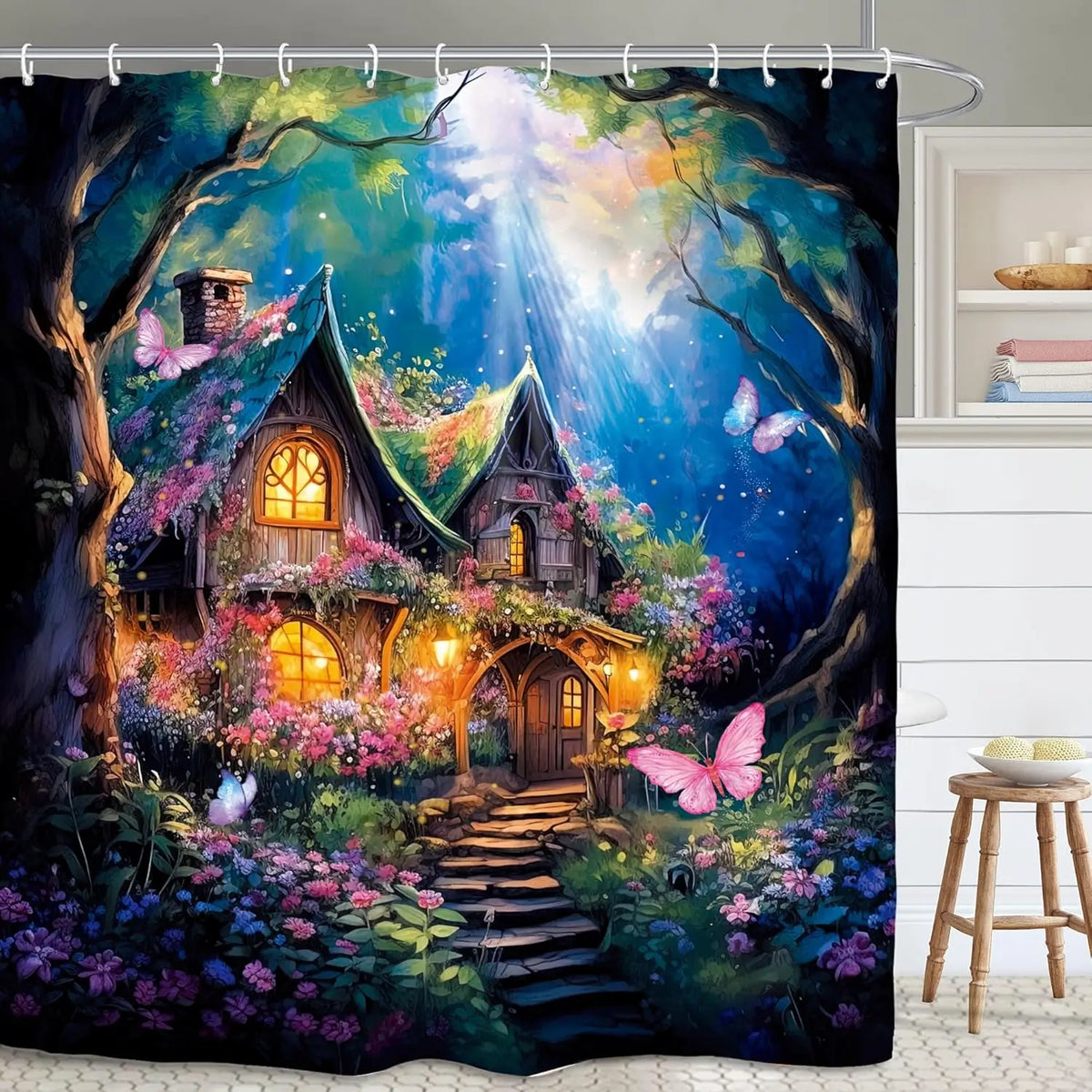 A shower curtain featuring a bold black and white design of a skeleton skull.