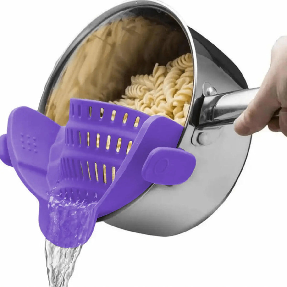 A purple clip-on strainer is shown pouring water from a metal pot into a stream.