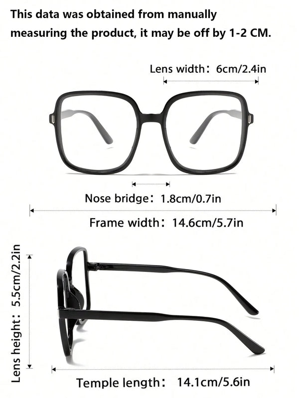 A pair of black, oversized square eyeglasses showing measurements for lens width, frame width, and temple length.