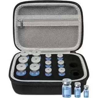 A black portable vial storage case with a clear compartment for insulin and peptide vials.