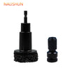 A black precision wheel hub rust removal kit consisting of a shaft and a cleaning pad.