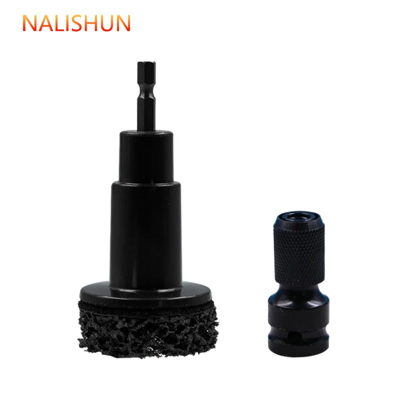 A black precision wheel hub rust removal kit consisting of a shaft and a cleaning pad.