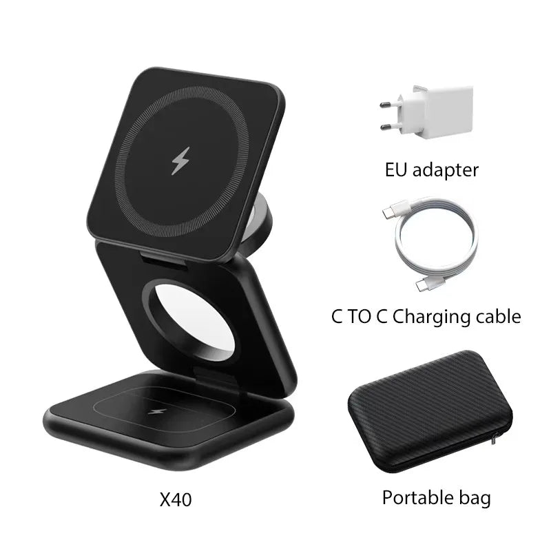 A black foldable magnetic wireless charging stand with an EU adapter and a portable bag.