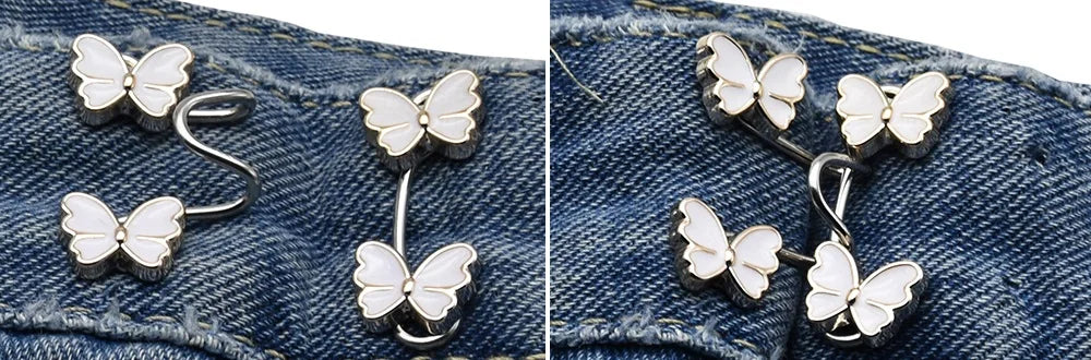 Silver butterfly buttons attached to denim fabric, used as no-sew adjustable waist tightener buttons for jeans.