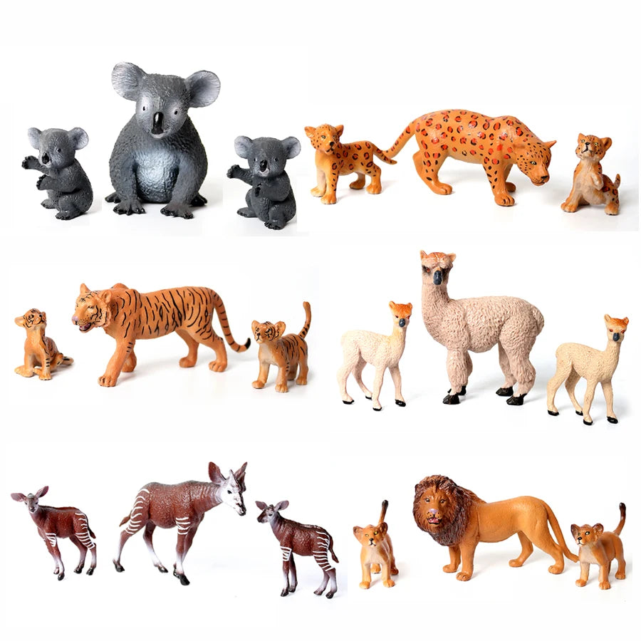 A collection of realistic animal figurines including elephants, monkeys, lions, deer, and various farm animals.