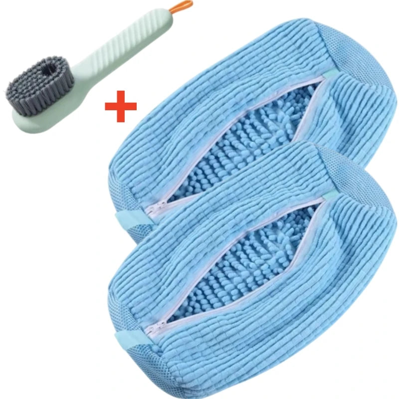 A light blue shoe washing machine bag with a soft bristled cleaning brush set and a handle.
