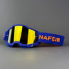 Blue professional MX off-road goggles with yellow polarized lenses and an orange strap.