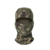 A camouflage balaclava cap in olive green and brown patterns.