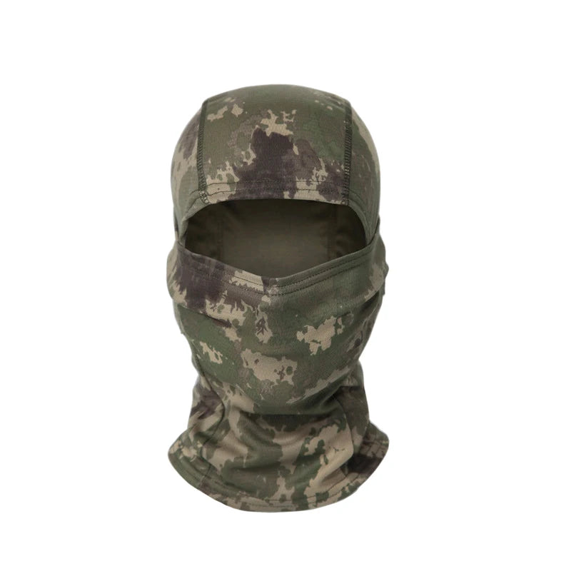 A camouflage balaclava cap in olive green and brown patterns.