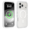 Clear silicone bumper case for an iPhone with a built-in kickstand and magnetic features.