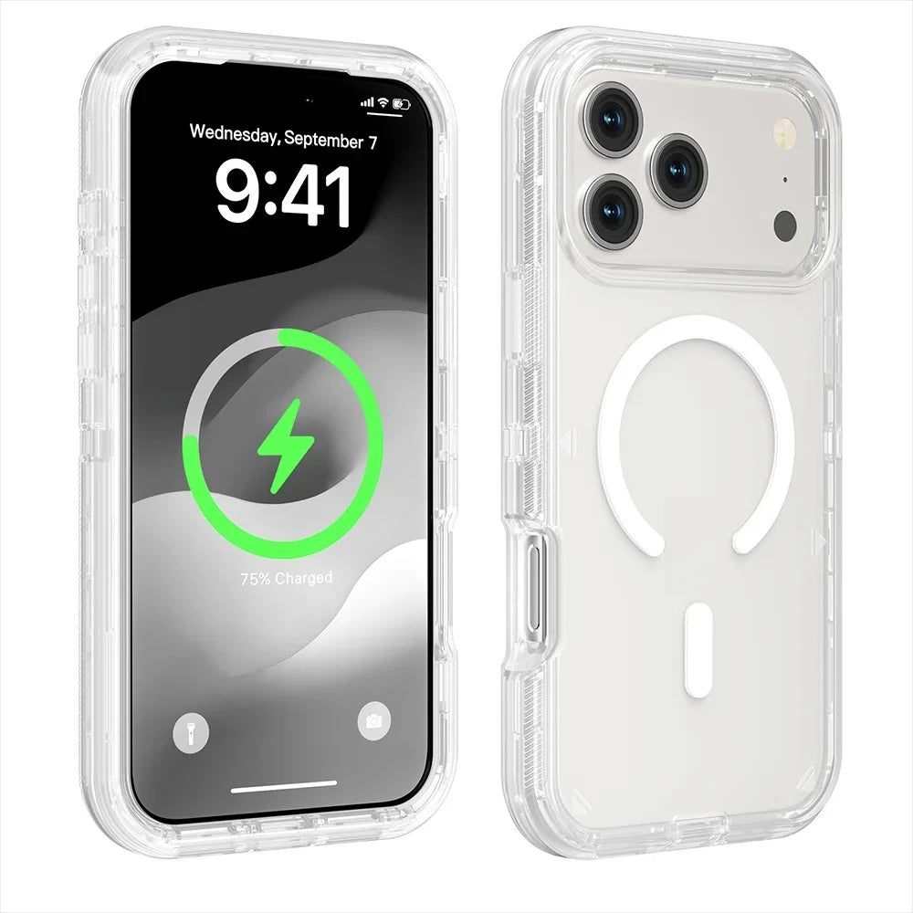 Clear silicone bumper case for an iPhone with a built-in kickstand and magnetic features.