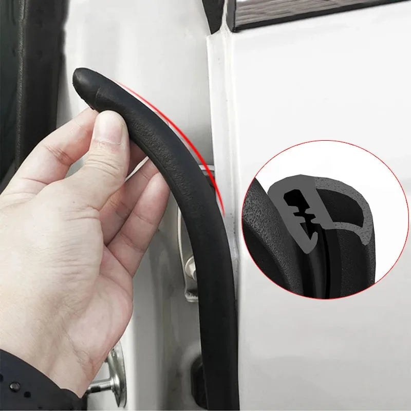 A hand is shown installing a black door edge protector strip on a white car door, with an inset showing the protective strip 