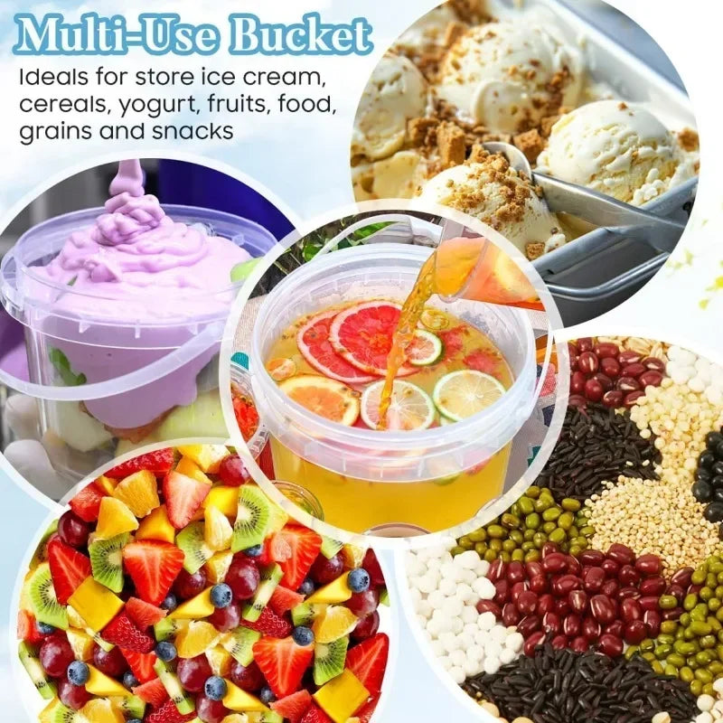 A multi-use bucket filled with various colorful foods like ice cream, fruits, grains, and snacks.
