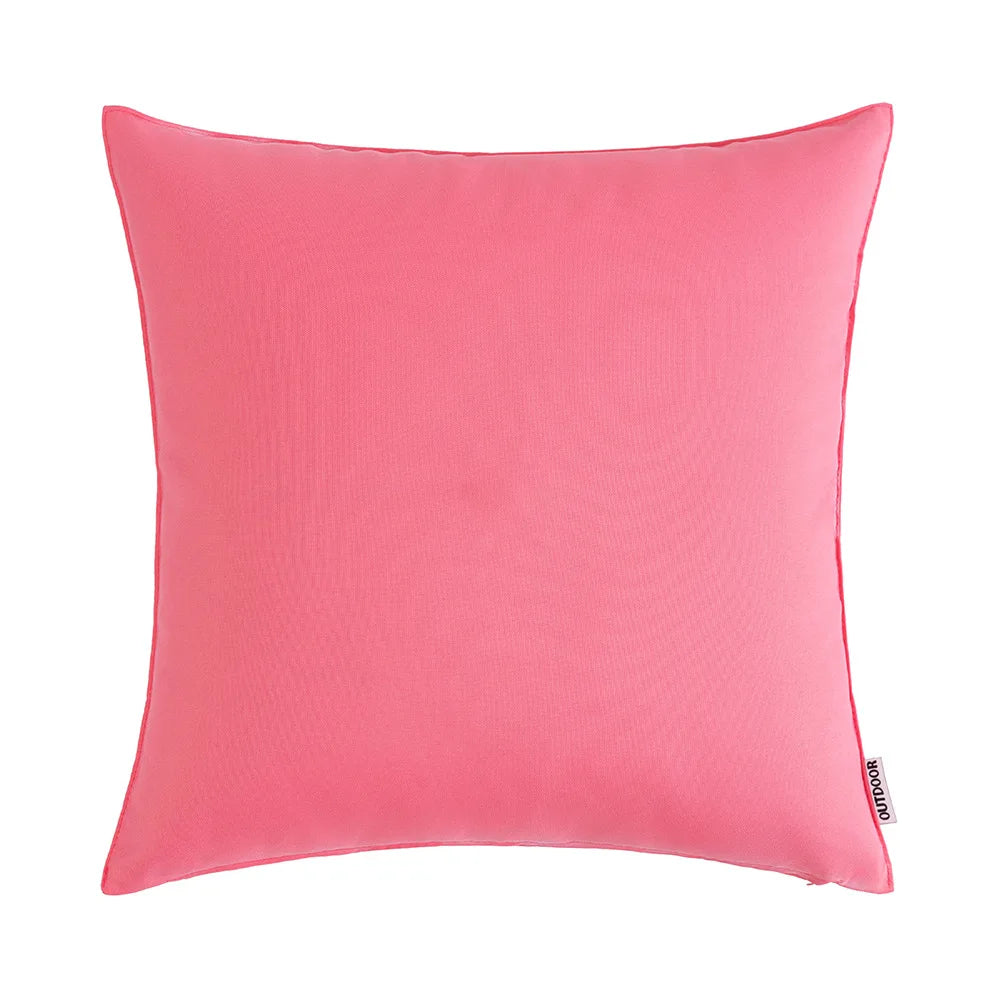 A square, pink linen-textured outdoor pillow cover.