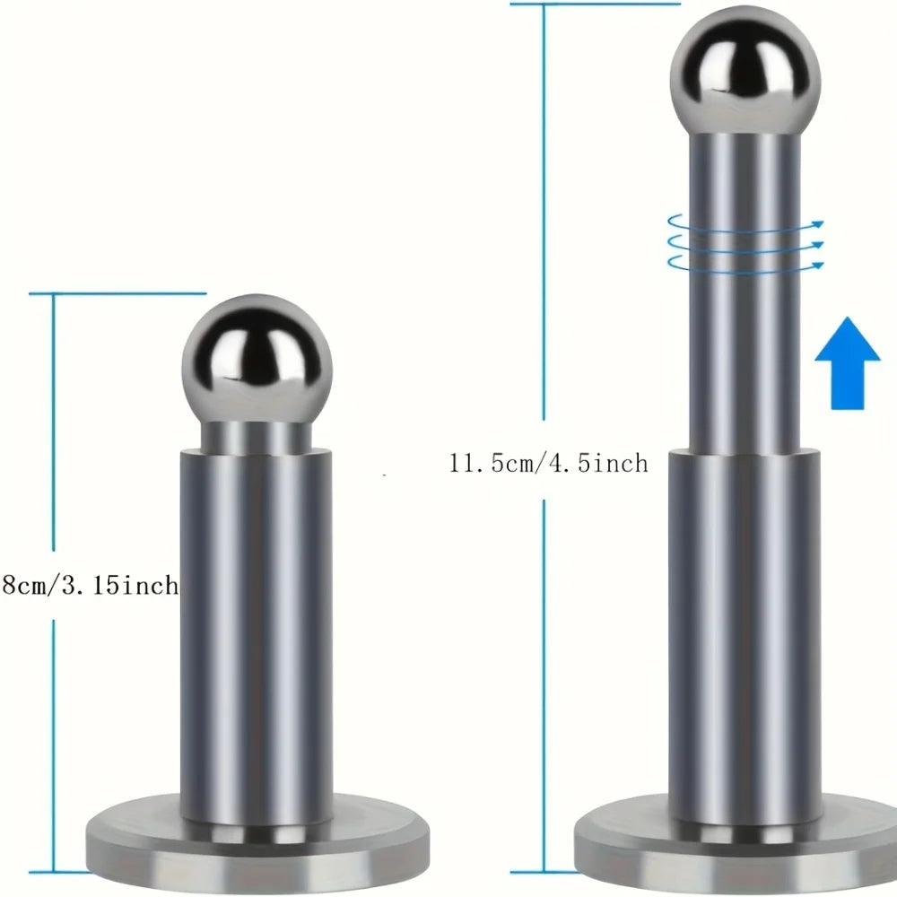 Silberner, schwerer Magnet-Türstopper in zwei Ansichten, der zylindrische Form und den sphärischen oberen Teil hervorhebt.
