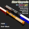 A gold and black metal lightsaber with a glowing blue blade is shown against a dark background.