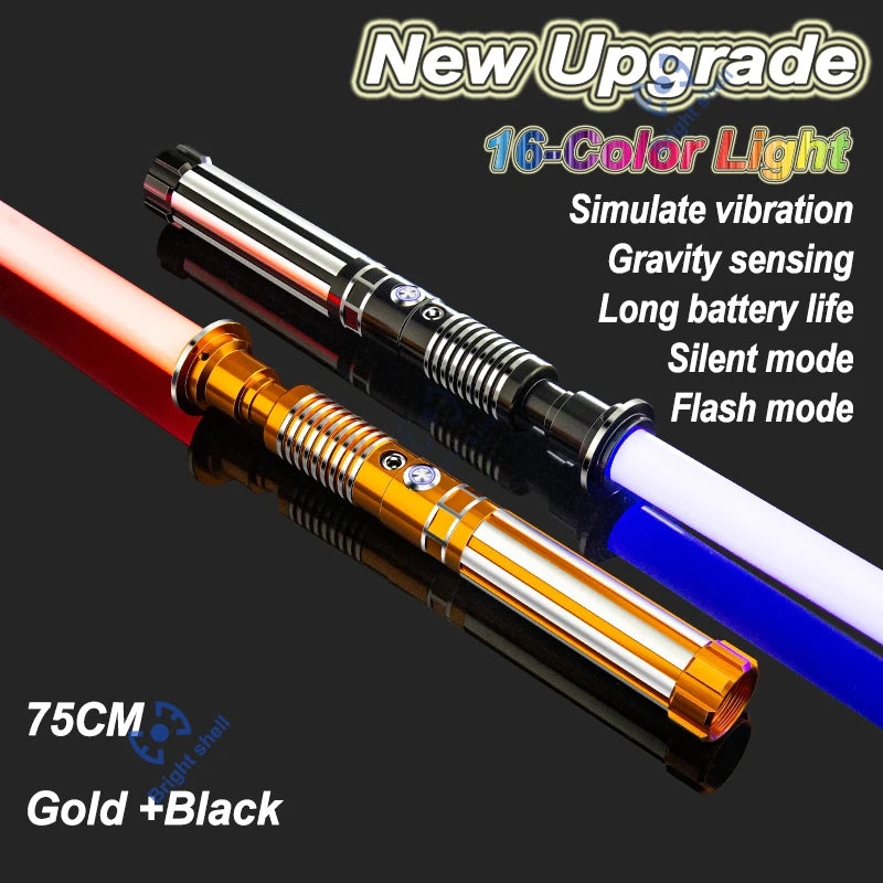 A gold and black metal lightsaber with a glowing blue blade is shown against a dark background.