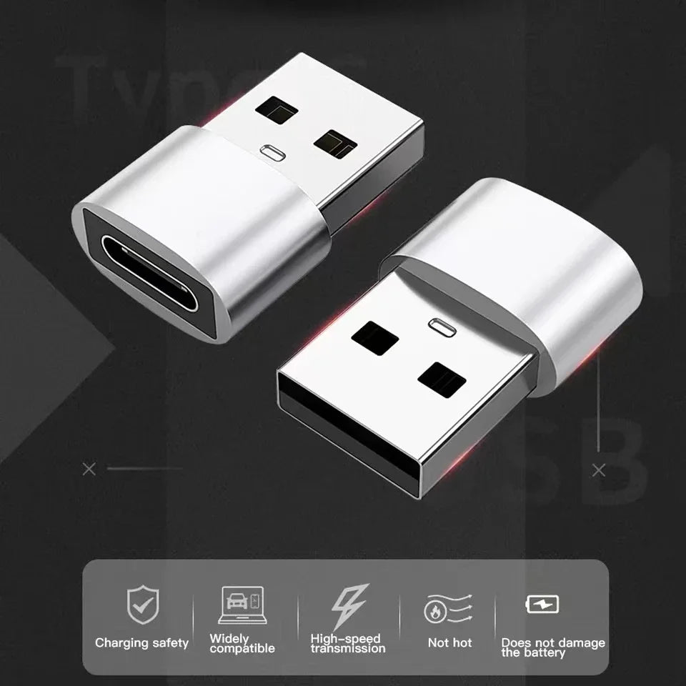 A silver USB-C to USB adapter is shown with accompanying features like charging safety and high-speed transmission.