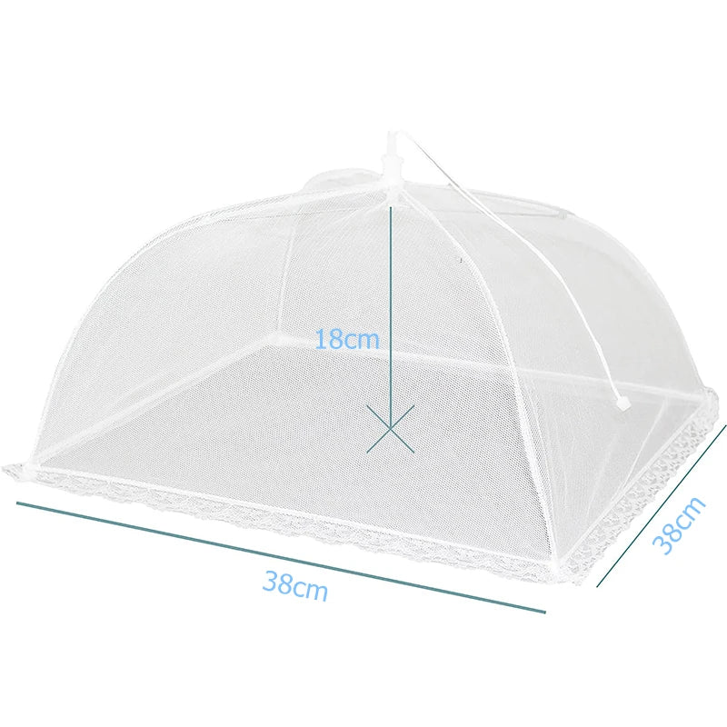 A translucent mesh food cover shaped like a dome, shown with dimensions 18cm high and 38cm wide.