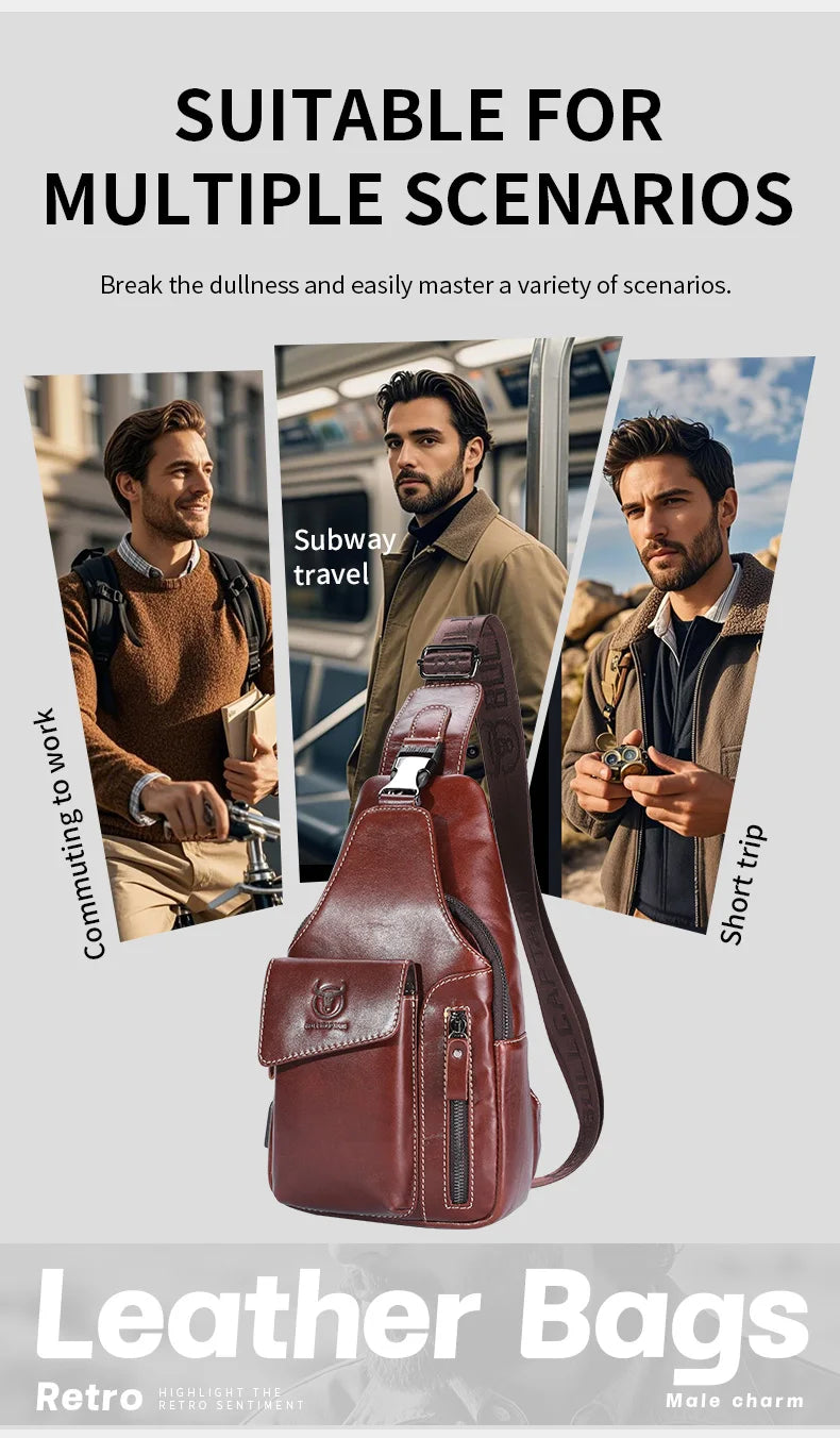 Men's Genuine Leather Sling Backpack with USB Charging Port