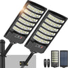 A black high-powered solar flood light with a motion sensor and dusk-to-dawn operation is shown, along with its components.