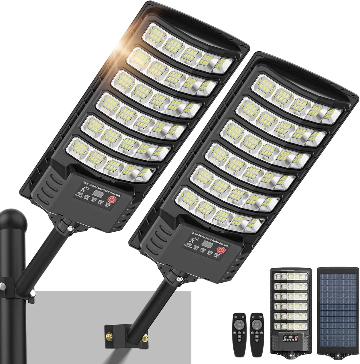 A black high-powered solar flood light with a motion sensor and dusk-to-dawn operation is shown, along with its components.