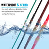 Close-up of various colored waterproof and sealed solder wire connectors submerged in water.