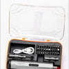 An electric screwdriver set with a clear case showing the battery and various magnetic drill bits.