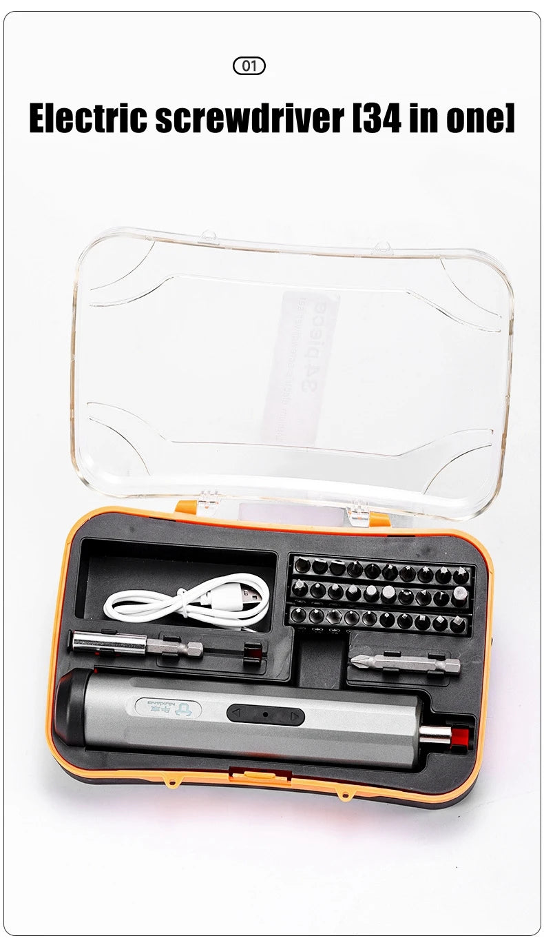 An electric screwdriver set with a clear case showing the battery and various magnetic drill bits.