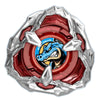 A silver metal spinning top featuring a blue dragon design.