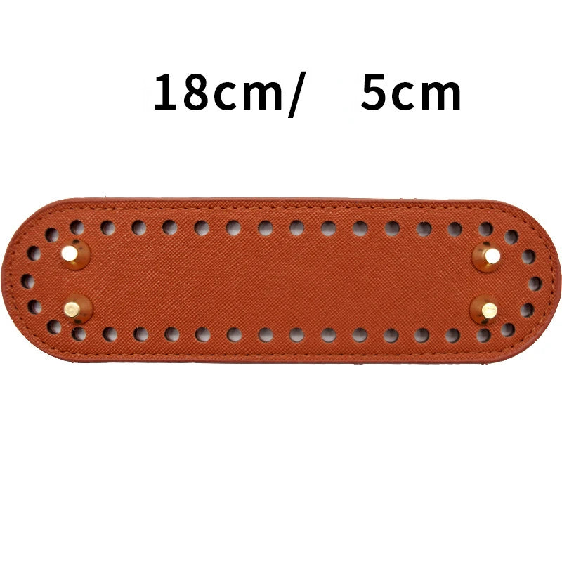 A rectangular piece of brown PU leather with holes, measuring 18cm by 5cm.