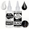 A set of concentrated epoxy resin pigment paste in white and black colors shown in various containers.