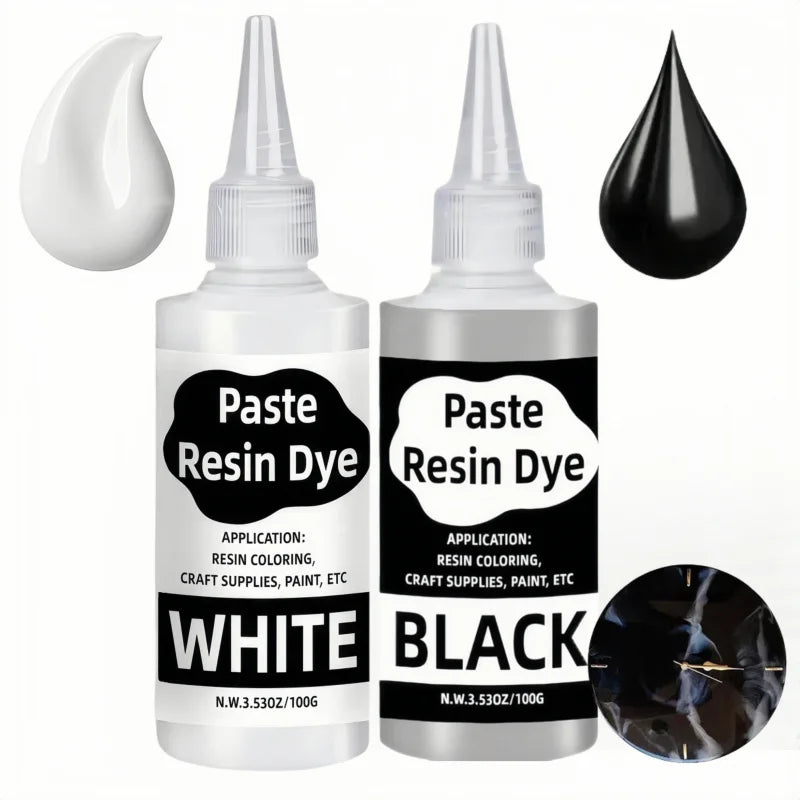 A set of concentrated epoxy resin pigment paste in white and black colors shown in various containers.