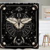 A black and white design featuring a detailed butterfly silhouette against a celestial background on a shower curtain.