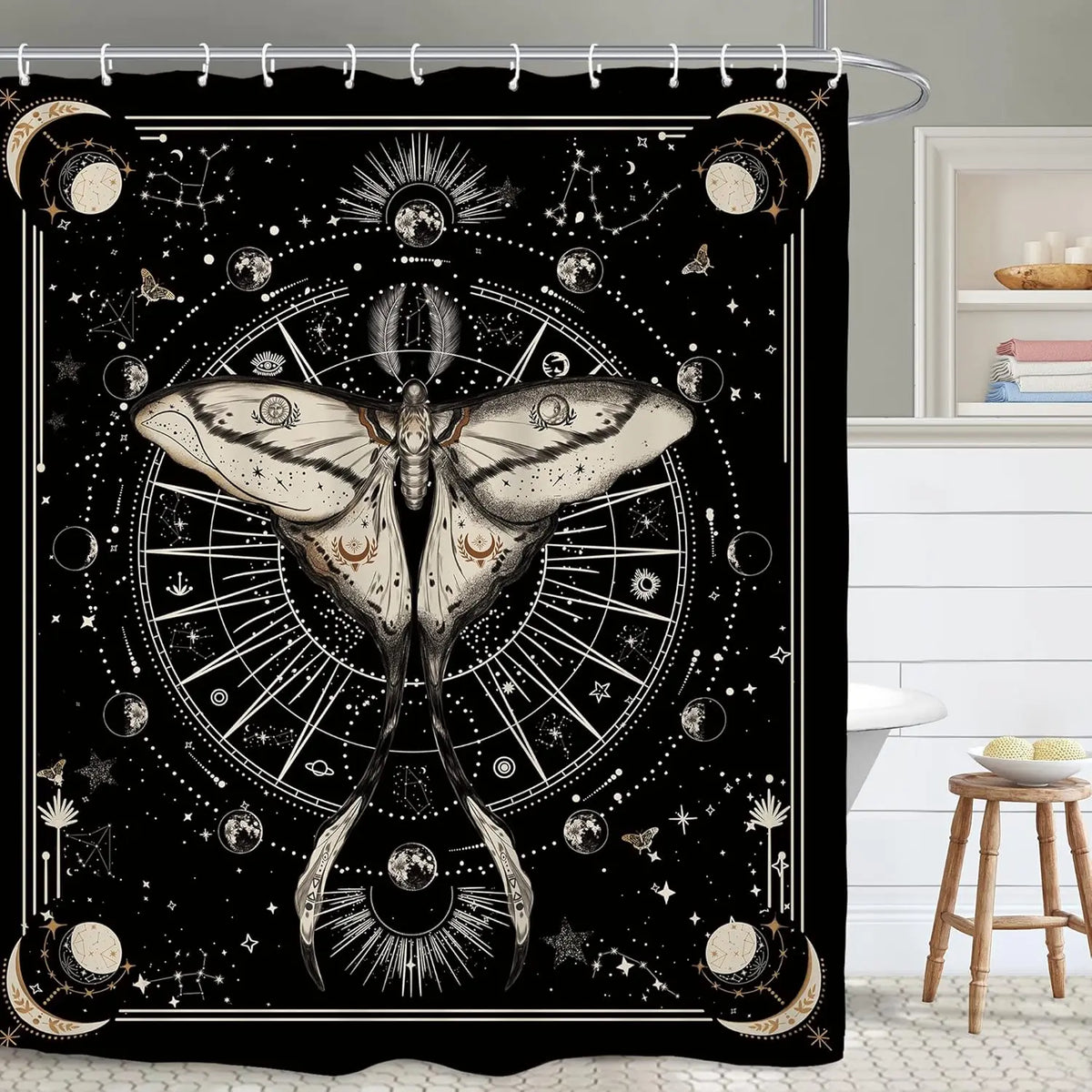 A black and white design featuring a detailed butterfly silhouette against a celestial background on a shower curtain.