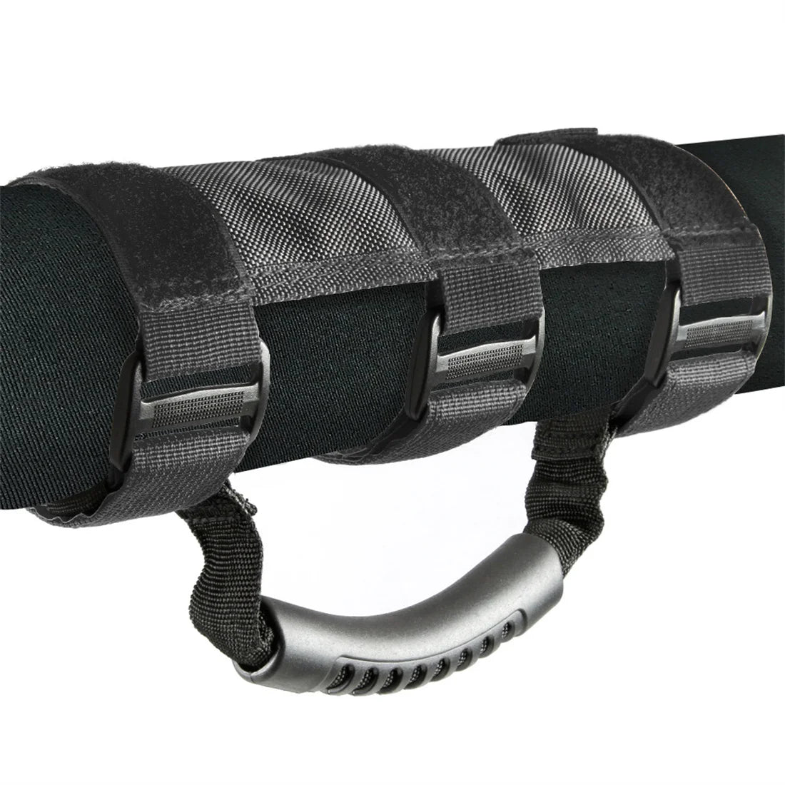 Black non-slip Oxford roll bar grab handles for Jeep Wrangler and similar vehicles.