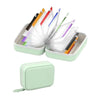 A clear plastic pill organizer with 14 color-coded pouches and a matching light green carrying case.