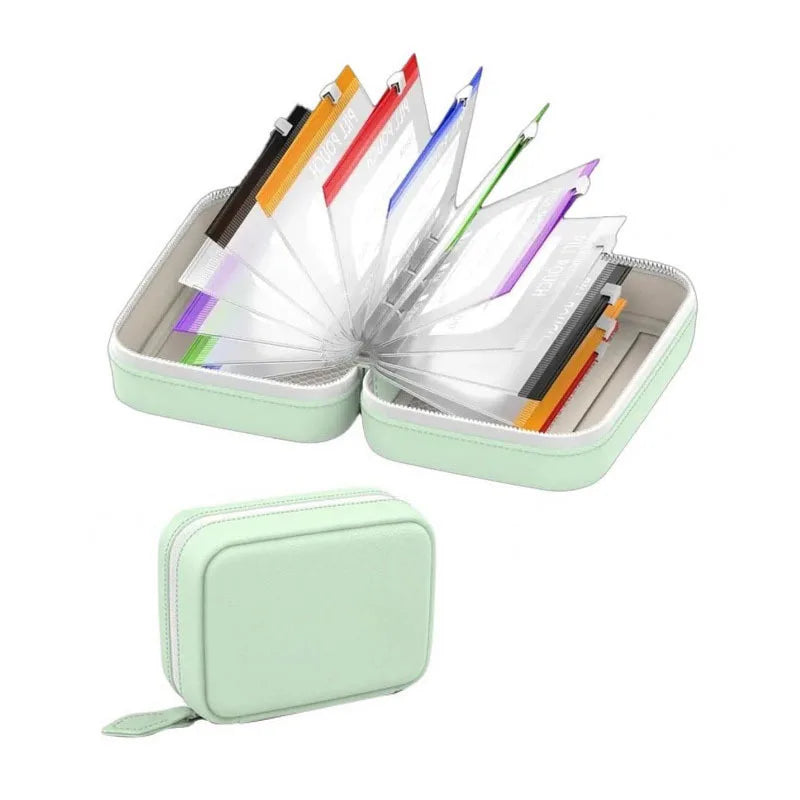 A clear plastic pill organizer with 14 color-coded pouches and a matching light green carrying case.