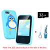 A light blue smartphone toy with a penguin design, a memory card, and a charging cable.