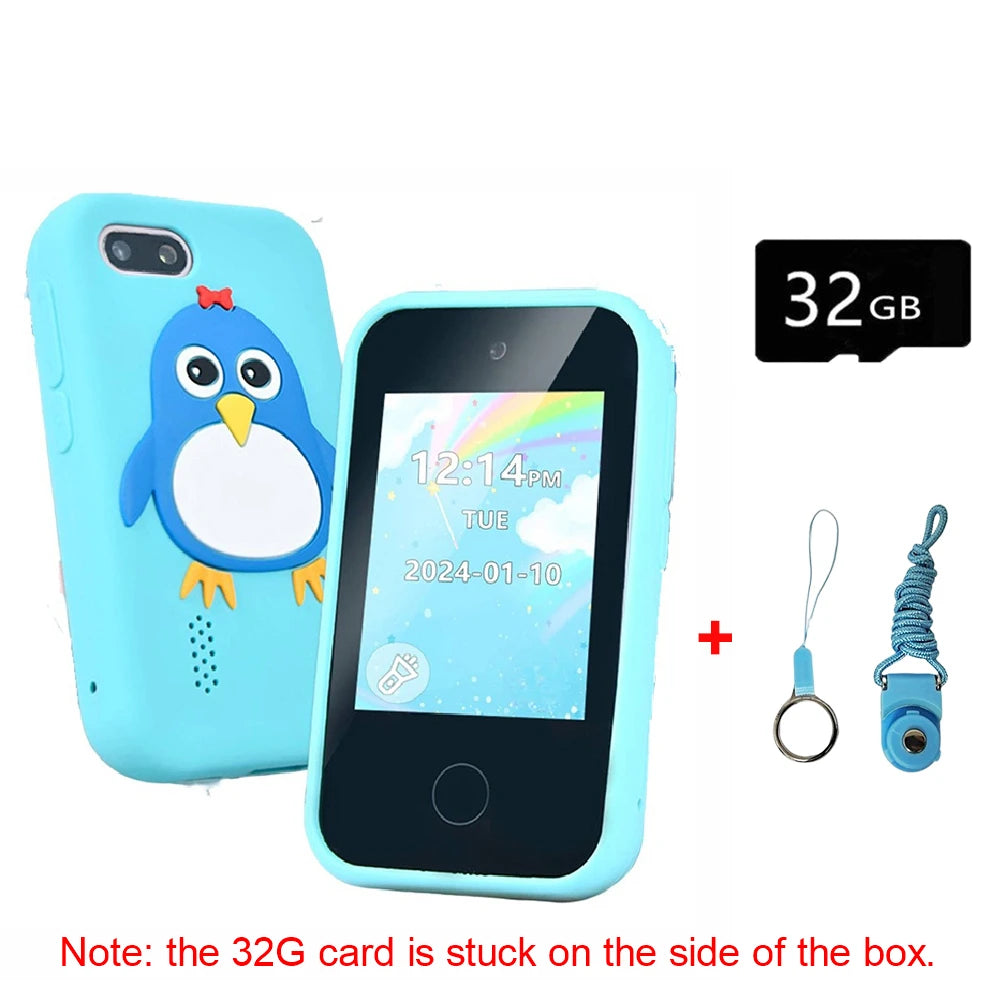 A light blue smartphone toy with a penguin design, a memory card, and a charging cable.