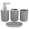 A set of four bathroom accessories including a silver soap dispenser, holder, and soap dish.